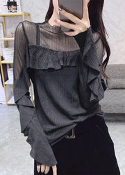 Unique Green Tulle Patchwork Ruffles Shirt Tops Long Sleeve