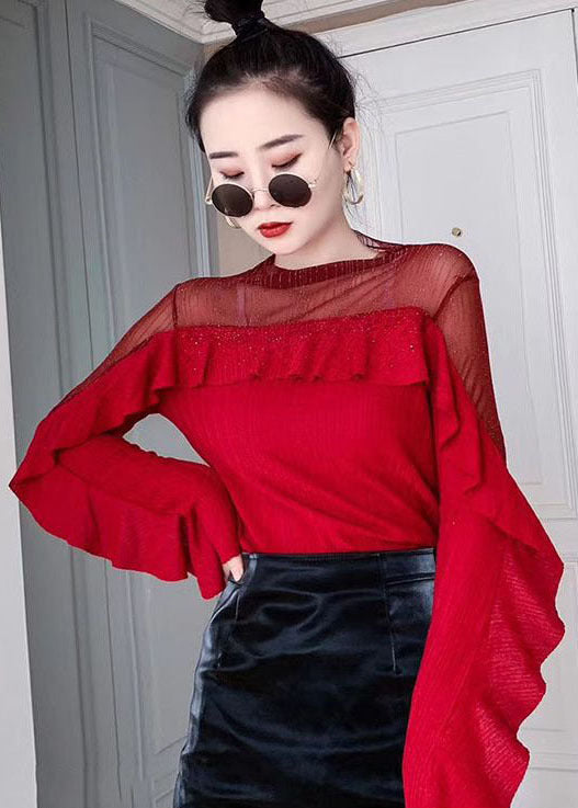 Unique Green Tulle Patchwork Ruffles Shirt Tops Long Sleeve