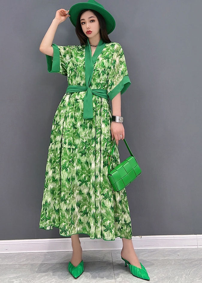 Unique Green V Neck Print Chiffon Long Dresses Short Sleeve