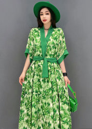 Unique Green V Neck Print Chiffon Long Dresses Short Sleeve