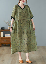 Unique Green V Neck Print Patchwork Linen Long Dress Summer