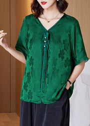 Einzigartiges grünes Patchwork-Jacquard-Seidenhemd mit kurzen Ärmeln und V-Ausschnitt