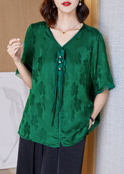 Einzigartiges grünes Patchwork-Jacquard-Seidenhemd mit kurzen Ärmeln und V-Ausschnitt