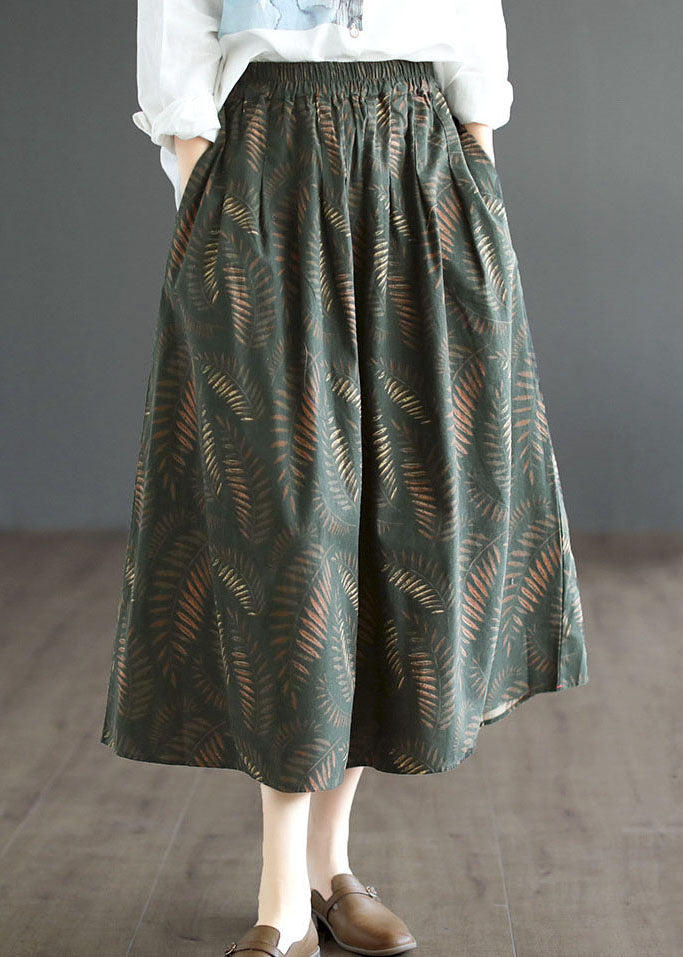 Unique Green Wrinkled Patchwork Print Cotton Skirts Spring