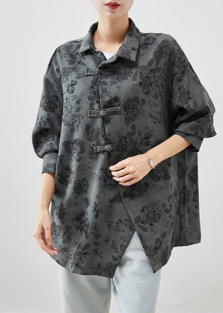 Unique Grey Asymmetrical Print Cotton Shirt Top Fall