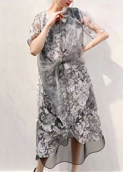 Unique Grey Bow Embroidered Patchwork Tulle Dress Summer