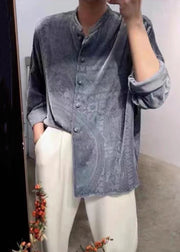 Unique Grey Button Patchwork Silk Velour Shirts Long Sleeve