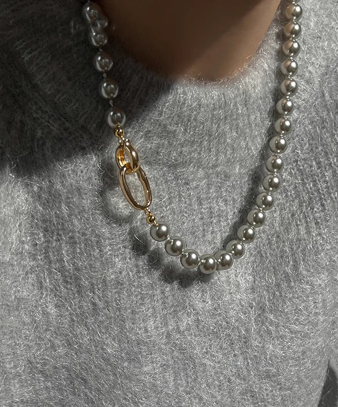 Unique Grey Copper Overgild Pearl Gratuated Bead Necklace