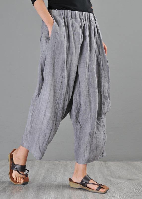 Unique Grey Elastic Waist Cotton Linen Wide Leg Summer Pants - SooLinen