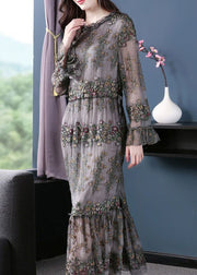 Unique Grey Embroidered Patchwork Silk Maxi Dresses Spring