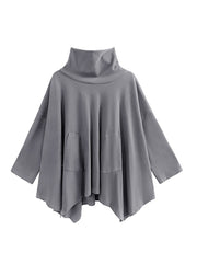 Unique Grey Hign Neck Patchwork Cotton Top Batwing Sleeve