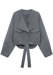 Unique Grey Loose Pockets tie waist Fall Long sleeve Coat