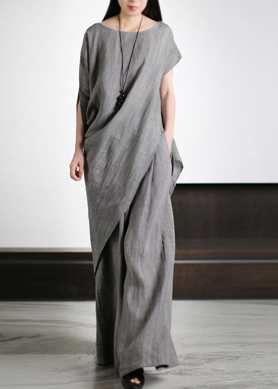 Unique Grey O-Neck Asymmetrical Patchwork Linen Women Sets 2 Pieces Summer
