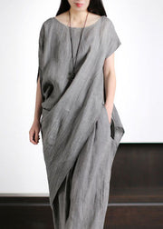 Unique Grey O-Neck Asymmetrical Patchwork Linen Women Sets 2 Pieces Summer