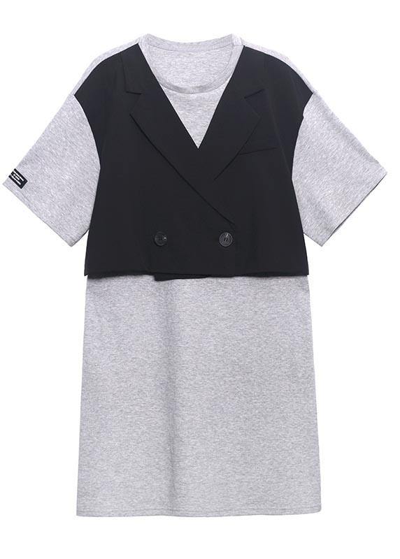 Unique Grey Patchwork Black Button Party Summer Cotton Dress - SooLinen