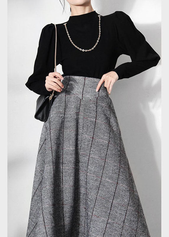 Unique Grey Plaid Woolen a line skirts Spring