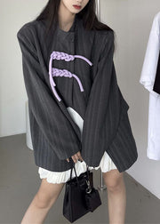 Unique Grey Stand Collar Striped Patchwork Cotton Coats Spring