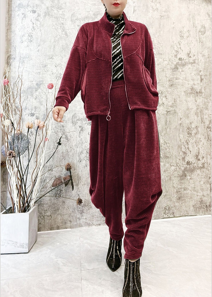 Unique Grey Stand Collar Zippered Thick Corduroy Coats And Pants Corduroy Two Piece Set Winter