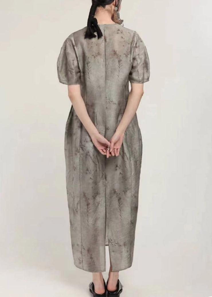 Unique Grey V Neck Print Patchwork Maxi Dress Short Sleeve