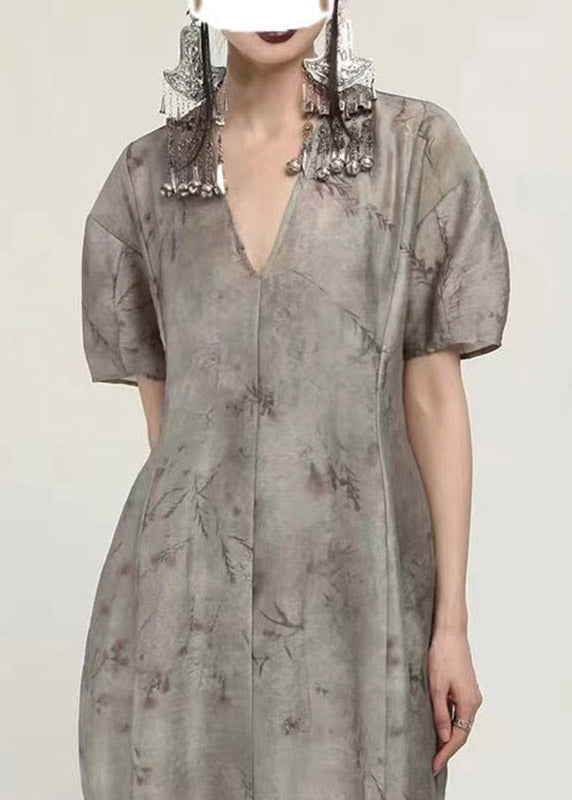 Unique Grey V Neck Print Patchwork Maxi Dress Short Sleeve