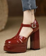 Unique Hollow Out Chunky High Heels Mulberry Patent Leather