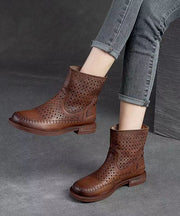 Unique Hollow Out Splicing Boots Brown Cowhide Leather