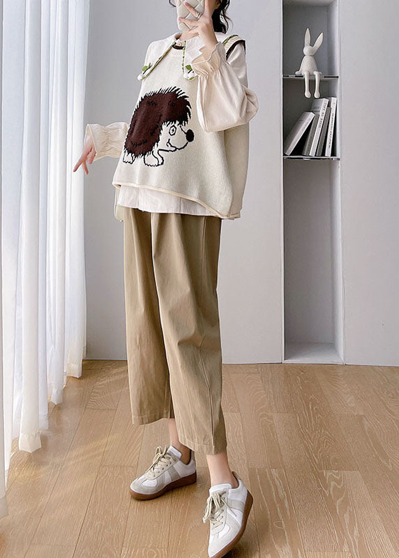 Unique Khaki Animal Print Knit Waistcoat Shirts And Crop Pants Three Piece Set Fall