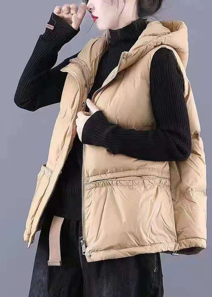 Unique Khaki Casual hooded Pockets Winter Sleeveless Puffer Vest