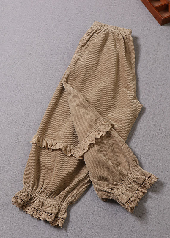 Unique Khaki Lace Patchwork Corduroy Pants Winter