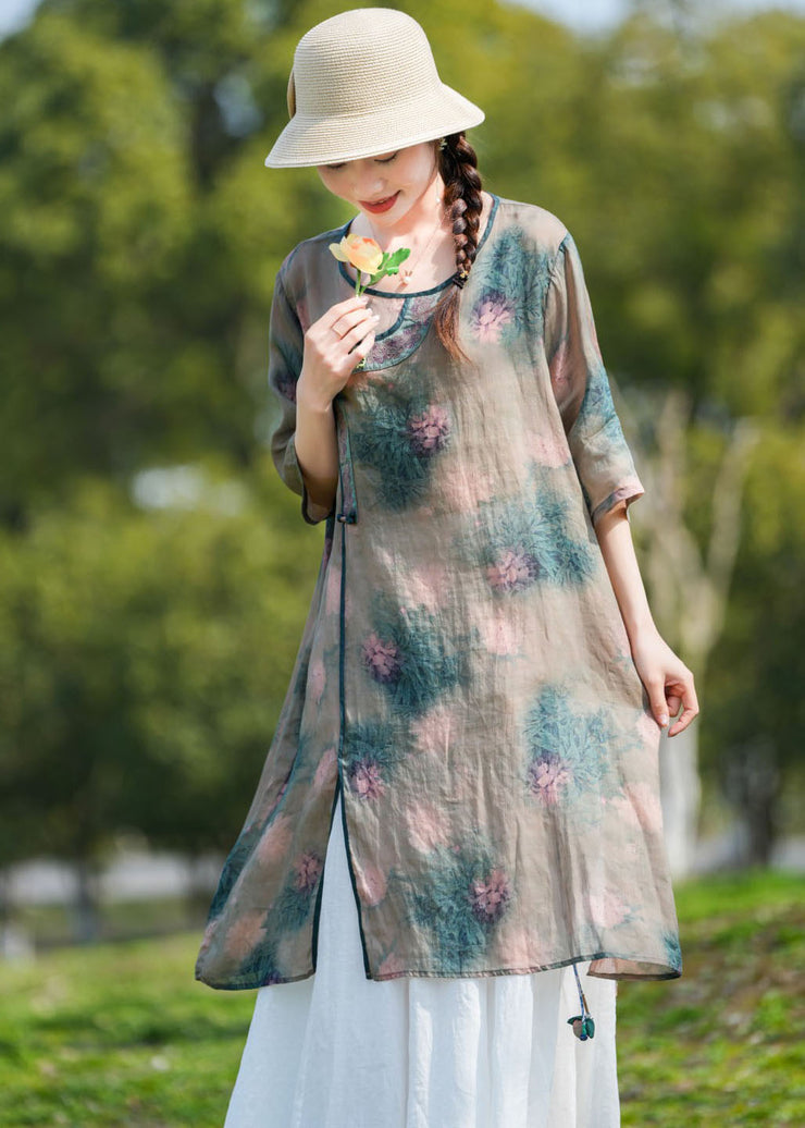 Unique Khaki O-Neck Print Patchwork Linen Mid Dresses Summer