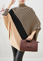 Unique Khaki Oversized Patchwork Striped Knit Sweater Tops Winter