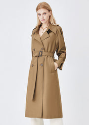 Unique Khaki Peter Pan Collar Pockets Sashes Cotton Double Breast Coat Outwear Fall