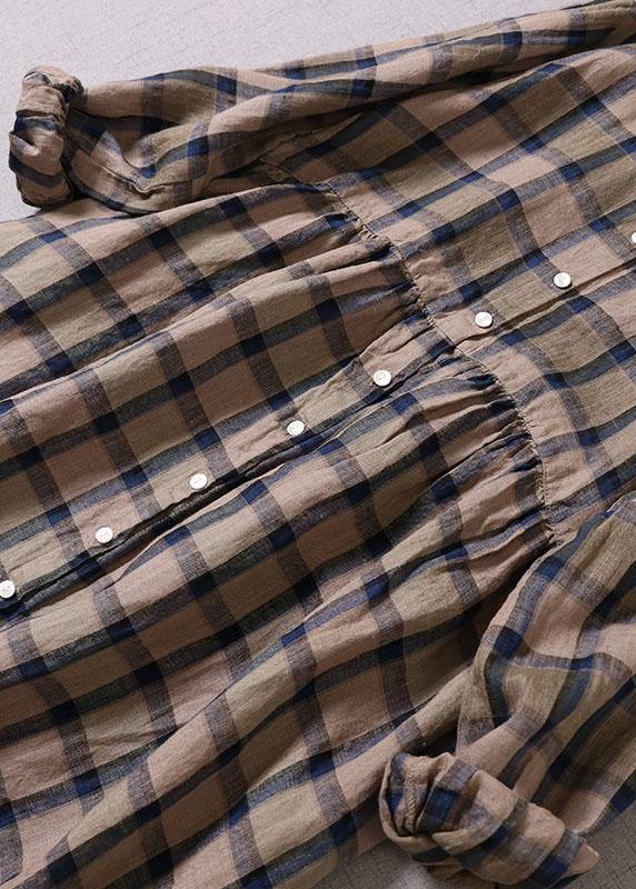 Unique Khaki Plaid Patchwork Pockets Button Fall Long sleeve Dresses - SooLinen