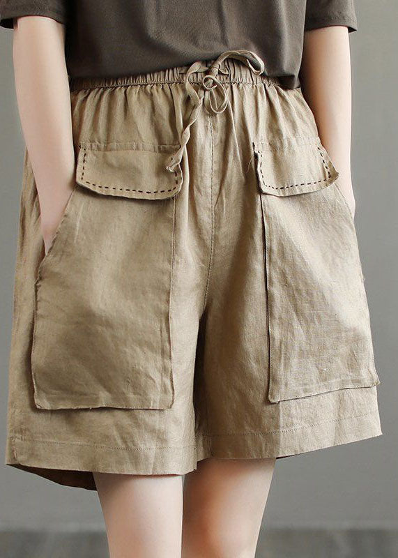 Unique Khaki Pockets Patchwork Linen Shorts Summer