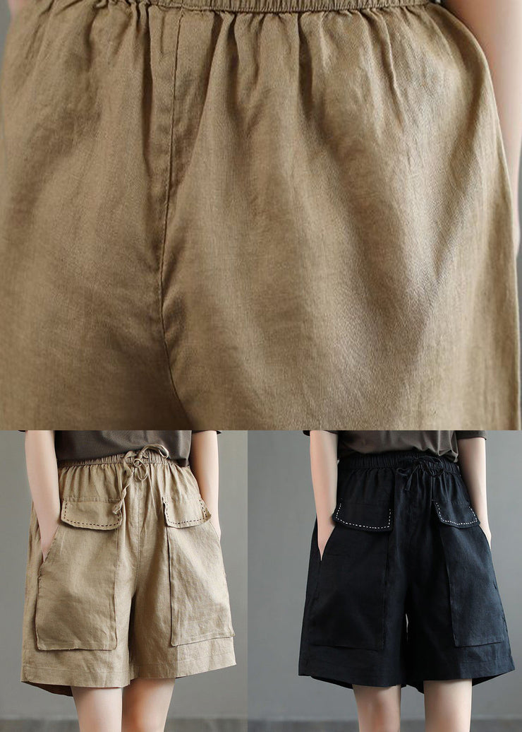 Unique Khaki Pockets Patchwork Linen Shorts Summer