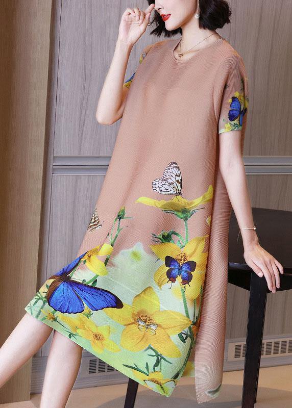 Unique Khaki Butterfly Print Knee Dress Summer Holiday Outfits - SooLinen