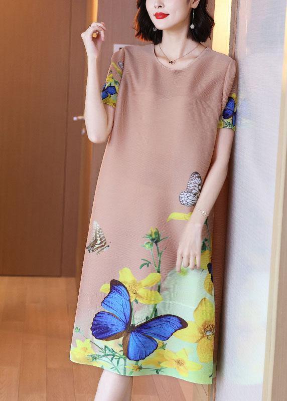 Unique Khaki Butterfly Print Knee Dress Summer Holiday Outfits - SooLinen