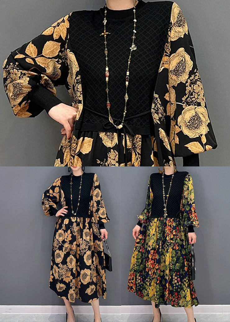 Unique Khaki Print Knit Patchwork Chiffon Dresses Lantern Sleeve