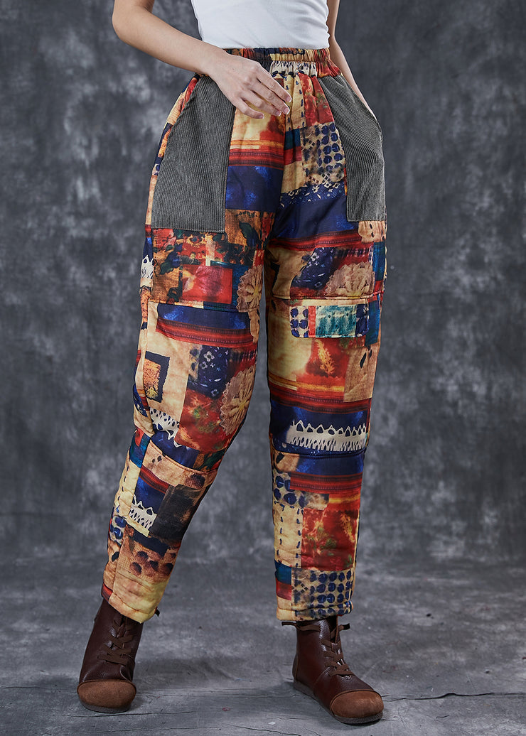 Unique Khaki Print Pockets Fine Cotton Filled Pants Winter