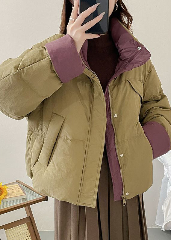 Unique Khaki Stand Collar Pockets Duck Down Winter Short Coats
