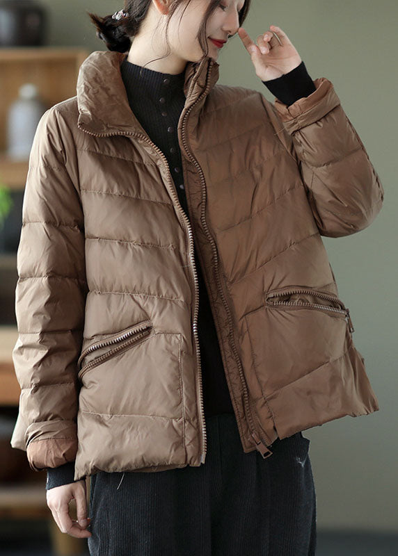 Einzigartige Khaki Stehkragen Taschen Mode Winter Daunenmäntel