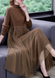 Unique Khaki Stand Collar Tulle Patchwork Knit Long Dress Long Sleeve