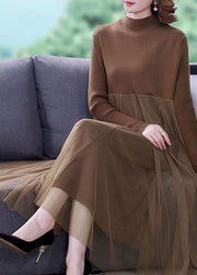 Unique Khaki Stand Collar Tulle Patchwork Knit Long Dress Long Sleeve