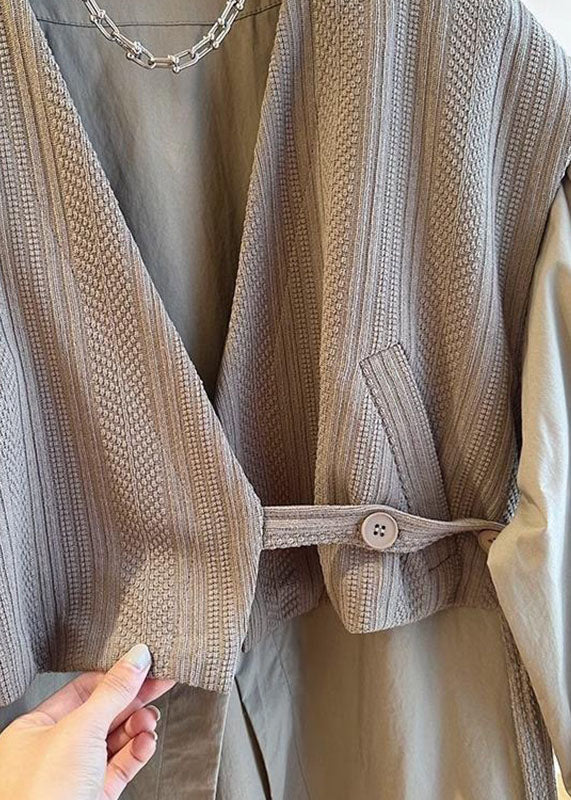 Unique Khaki V Neck Patchwork Button Fake Two Pieces Knit Shirts Long Sleeve
