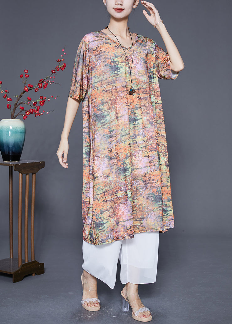 Unique Khaki V Neck Tie Dye Silk Long Dress Summer