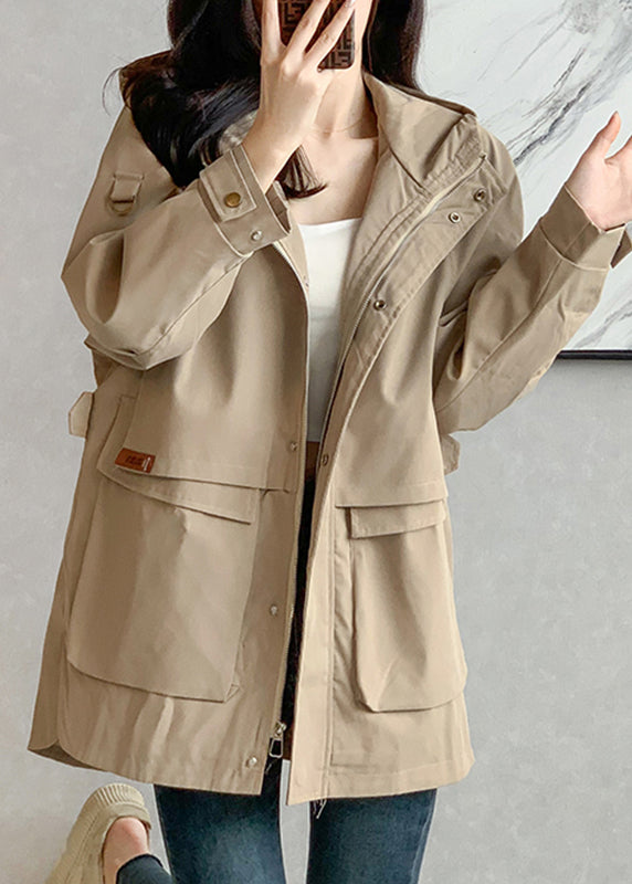 Unique Khaki Zippered Patchwork Pockets Hooded Trench Coats Long Sleeve