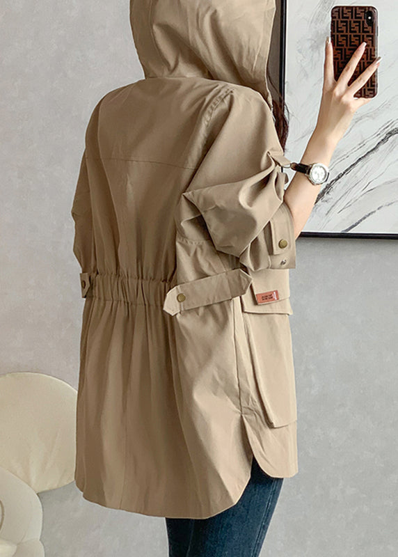 Unique Khaki Zippered Patchwork Pockets Hooded Trench Coats Long Sleeve