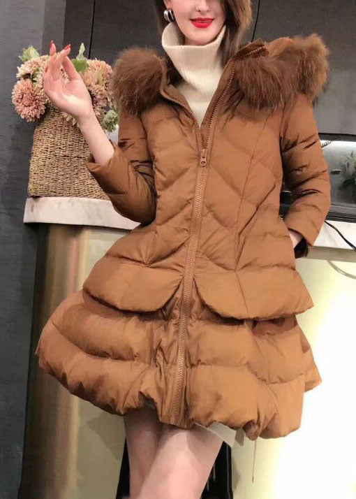 Unique Khaki hooded Pockets Fox collar Winter Duck Down coat
