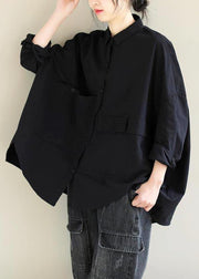 Unique Lapel Asymmetric Blouse Sewing Black Shirt - SooLinen