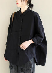 Unique Lapel Asymmetric Blouse Sewing Black Shirt - SooLinen